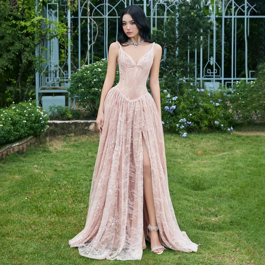 Cutenew Sling Cổ Chữ V Chia Váy Maxi Hình Eo Ôm Hơn Puffy Nữ Mùa Hè Pháp Phong Cách Thanh Lịch