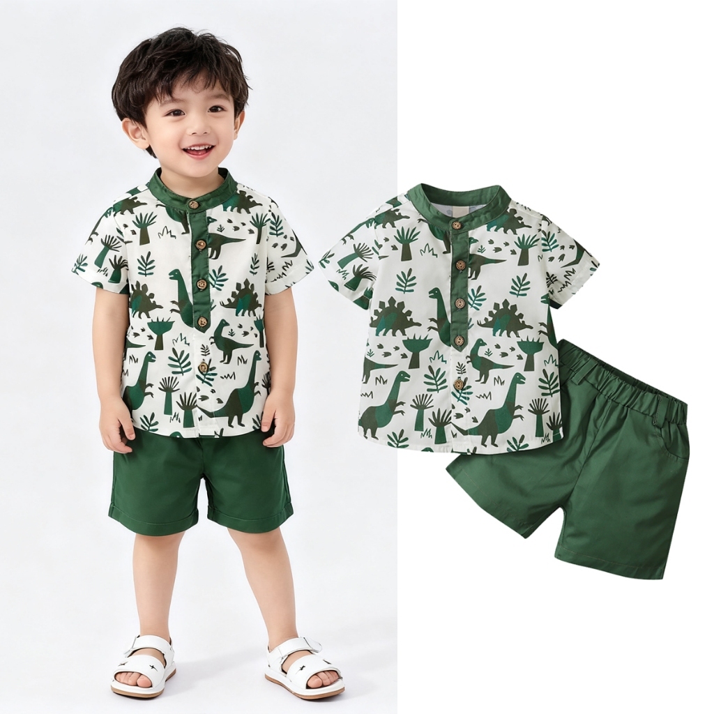 Set áo sơ mi tay ngắn cài nút + quần short eo co giãn thời trang mùa hè cho bé trai