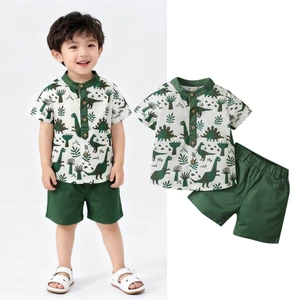 Set áo sơ mi tay ngắn cài nút + quần short eo co giãn thời trang mùa hè cho bé trai