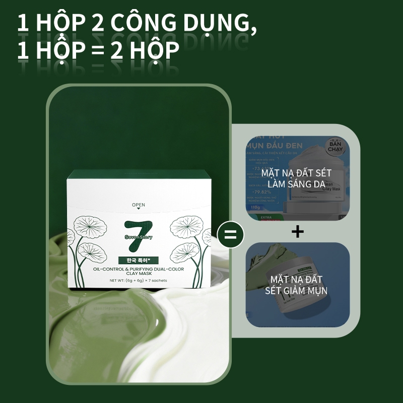 【SevonStory ⑦】Mặt nạ bùn sắc đôi làm sáng da dưỡng trắng giảm mụn cho da hỗn hợp dầu mụn chiết xuất rau má bằng sáng chế Hàn Quốc