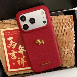 Thời Trang 3D Ngựa Vàng Năm Mới Da PU Đỏ Ốp Lưng Điện Thoại iPhone 17Promax 17Pro 13 14 15 16 Pro Max Nữ Vỏ Di Động
