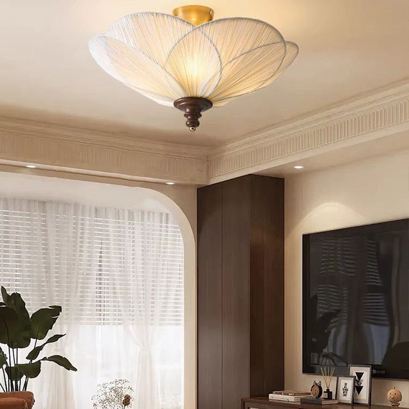 Đèn trần vải xếp li hoa mận cổ điển, Đèn chùm bằng gỗ Led hậu hiện đại, Phòng ngủ, Phòng khách, Đèn treo trang trí phòng ăn