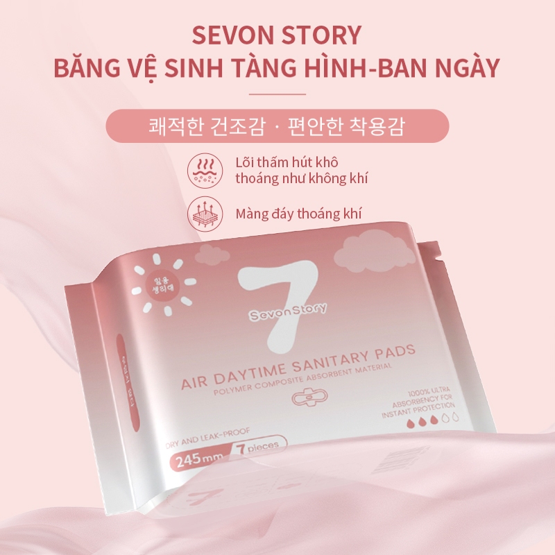 【SevonStory ⑦】Combo 6 gói ban ngày Băng vệ sinh  245mm (7 miếng/gói), tích hợp chip bạc hà mát lạnh dễ chịu. Hương hoa tinh tế, thơm nhẹ và lưu hương lâu . Chất liệu mềm mại, thấm hút nhanh sau 3 giây. Băng vệ sinh tàng hình.