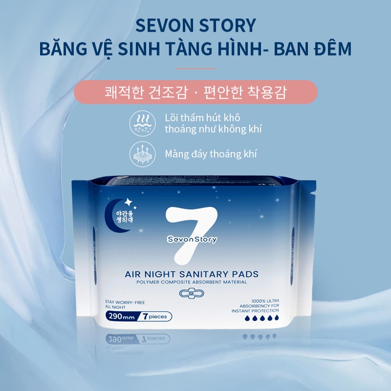 【SevonStory ⑦】Combo 3 gói ban đêm Băng vệ sinh  290mm (7 miếng/gói), tích hợp chip bạc hà mát lạnh dễ chịu. Hương hoa tinh tế, thơm nhẹ ,lưu hương lâu . Chất liệu mềm mại, thấm hút nhanh, chống tràn hiệu quả. Băng vệ sinh tàng hình .