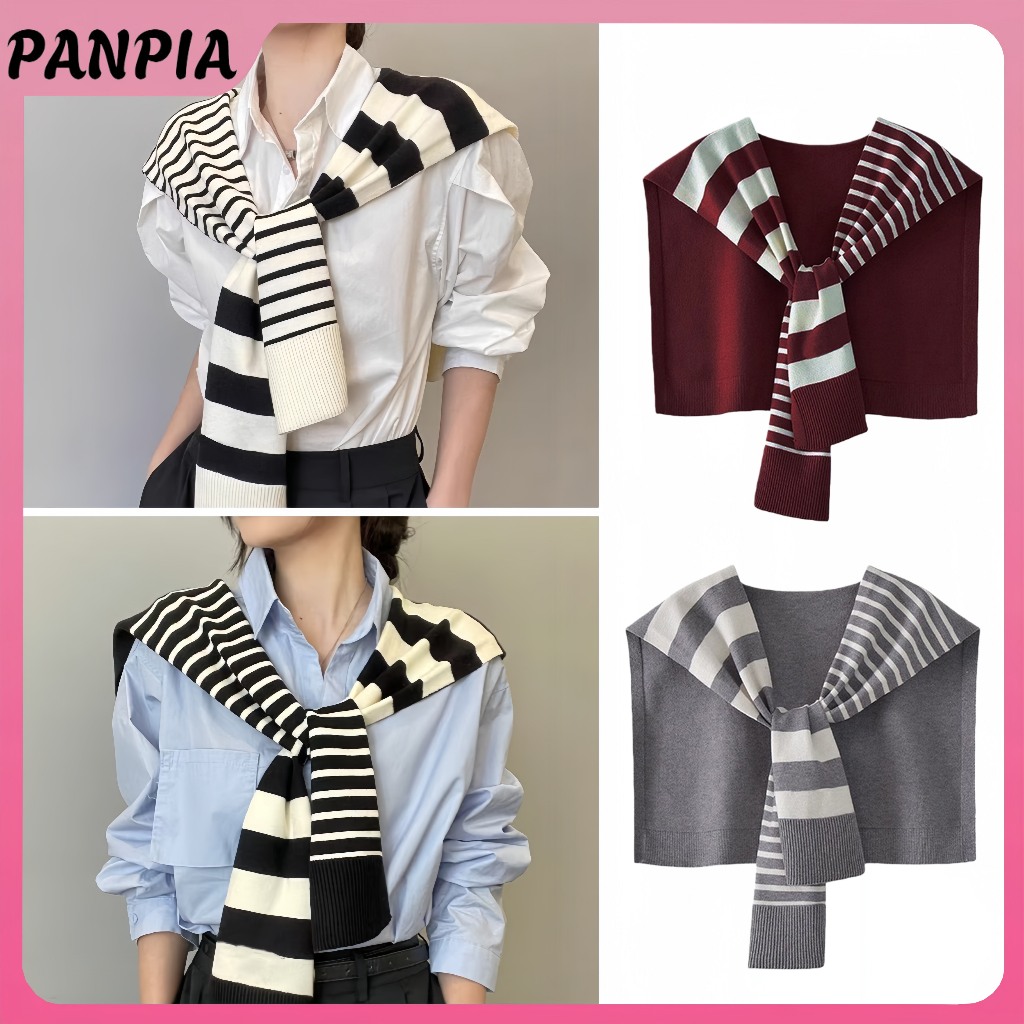 PANPIA-Phong Cách Hàn Quốc Thời Trang Khăn Choàng Dệt Kim Áo Sơ Mi Vai Sọc Cổ Giả Phong Cách Retro Khăn Nữ Phụ Kiện HEVN