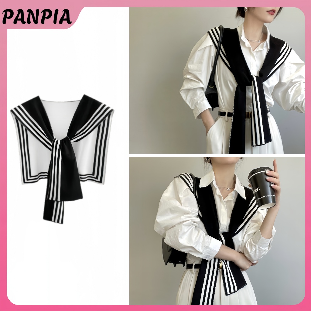 PANPIA-Phong Cách Hàn Quốc Thời Trang Khăn Choàng Dệt Kim Áo Sơ Mi Vai Sọc Cổ Giả Phong Cách Retro Khăn Nữ Phụ Kiện HEVN