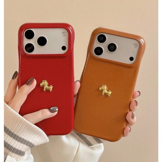Thời Trang 3D Ngựa Vàng Năm Mới Đỏ Cam Da PU Ốp Lưng Điện Thoại iPhone 17Promax 17Pro 14 15 16 Pro Max 13 Nữ Vỏ Di Động