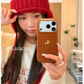 Thời Trang 3D Ngựa Vàng Năm Mới Đỏ Cam Da PU Ốp Lưng Điện Thoại iPhone 17Promax 17Pro 14 15 16 Pro Max 13 Nữ Vỏ Di Động