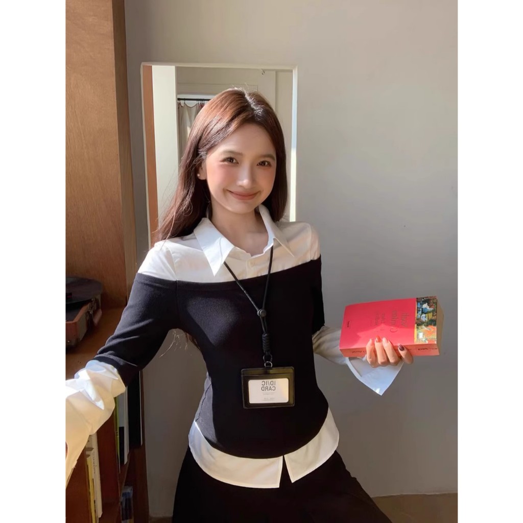 [BANKO] Nữ Pháp Thu Đông Phong Cách Mới Ôm Khâu Ve Áo Đen Dài Tay