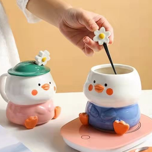 Mùa Xuân Vịt Đi Chơi Cốc Gốm Có Giá Trị Cao Cốc Cá Tính Có Nắp Thìa Cô Gái Học Sinh Dễ Thương Cách Nhiệt Cốc Uống