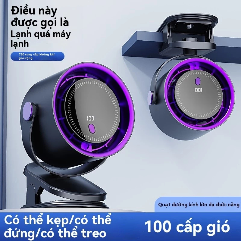 Quạt Kẹp Bàn Mini Tích Điện Màn Hình LCD Cảm Ứng 100 Cấp Độ Siêu Mát Không Ồn Xoay 720 Độ Pin Trâu