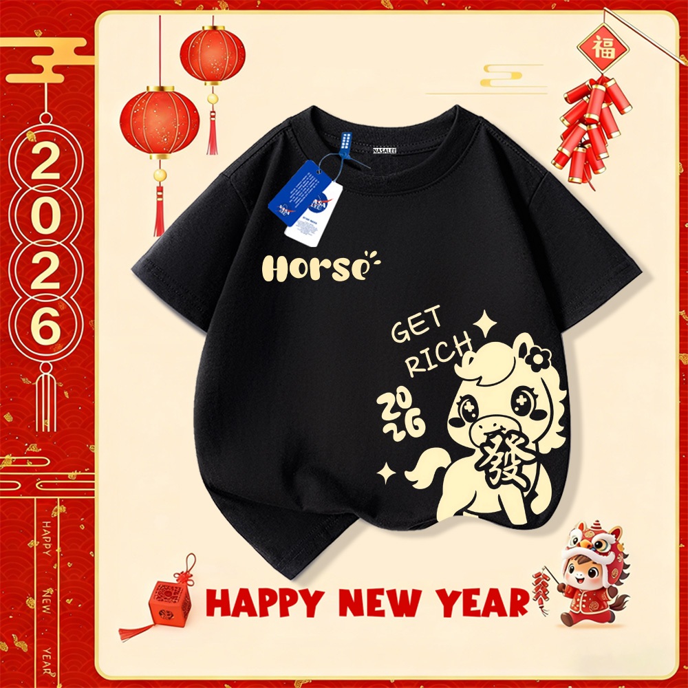 💥Xu hướng hot 2025 💥 Áo thun trẻ em NASA họa tiết năm Bính Ngọ — Chất liệu cotton — Unisex — Giao hàng ngay