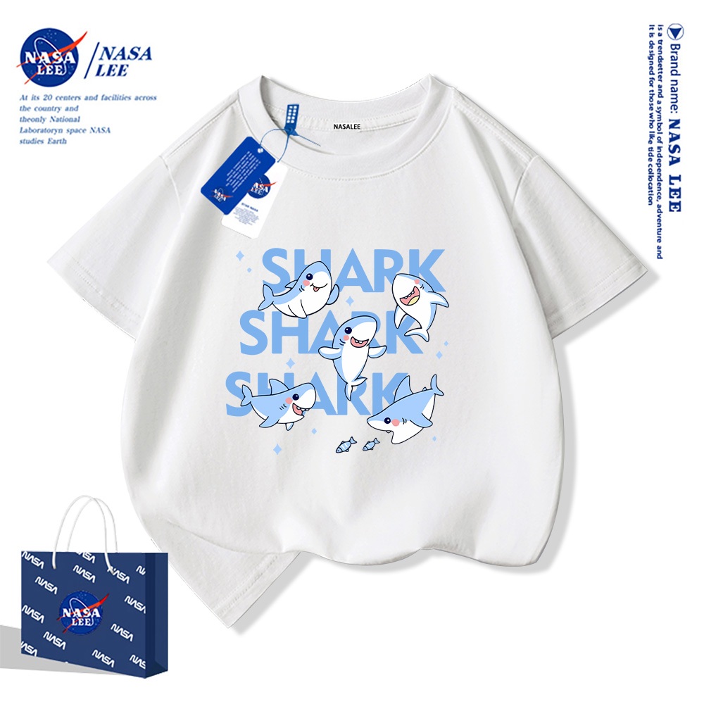 Áo thun ngắn tay NASA 100% cotton cho trẻ em, in hình cá mập, thoáng mát và thoải mái, phù hợp cho bé trai bé gái.