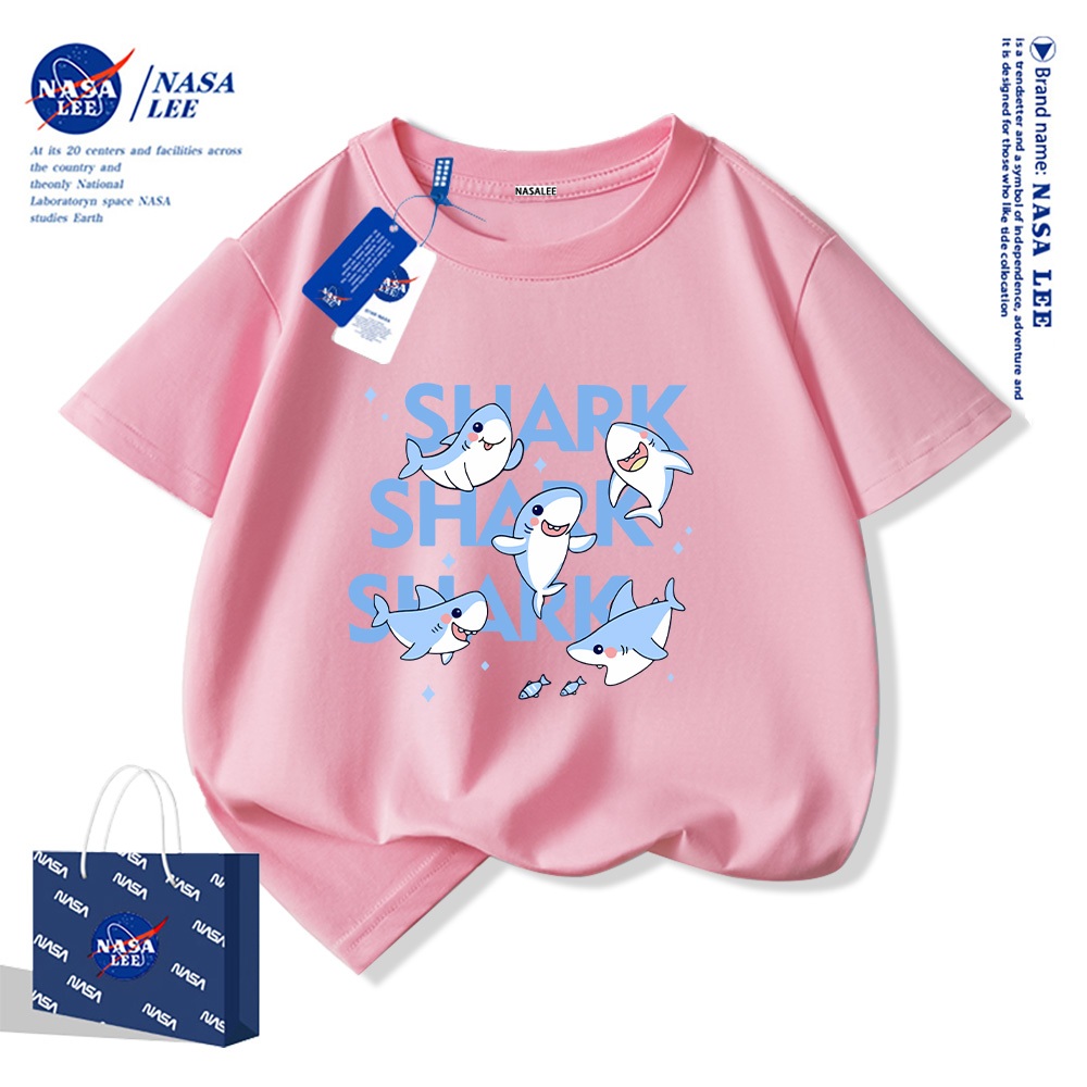 Áo thun ngắn tay NASA 100% cotton cho trẻ em, in hình cá mập, thoáng mát và thoải mái, phù hợp cho bé trai bé gái.