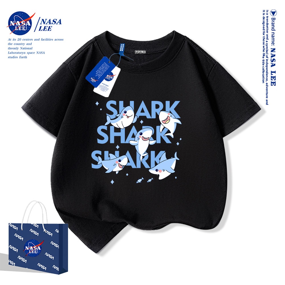 Áo thun ngắn tay NASA 100% cotton cho trẻ em, in hình cá mập, thoáng mát và thoải mái, phù hợp cho bé trai bé gái.