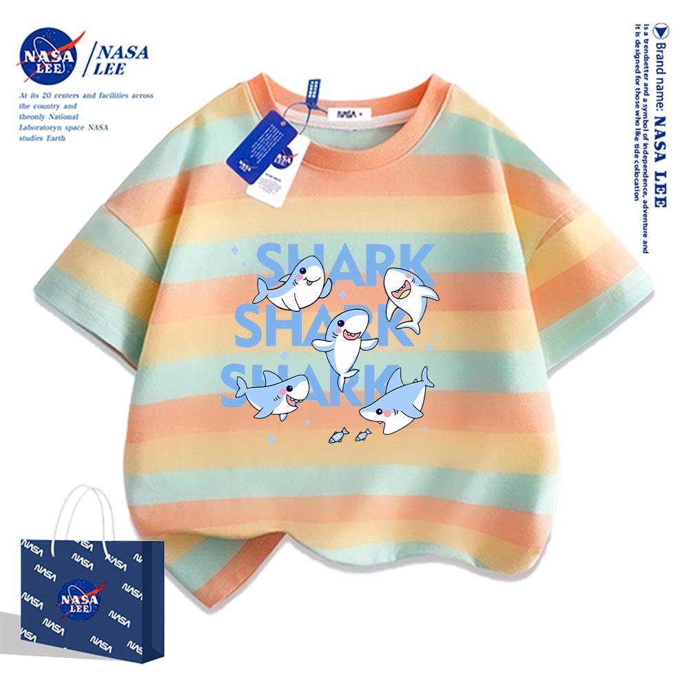 Áo thun ngắn tay NASA 100% cotton cho trẻ em, in hình cá mập, thoáng mát và thoải mái, phù hợp cho bé trai bé gái.