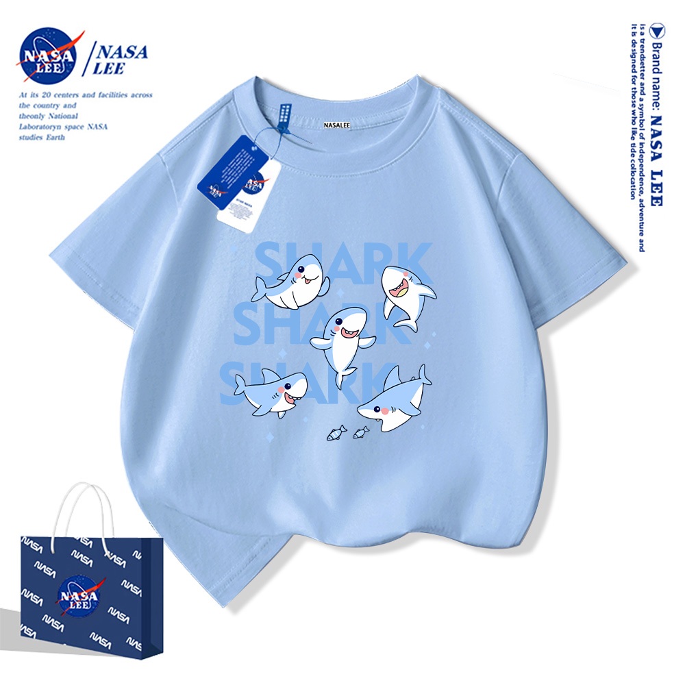 Áo thun ngắn tay NASA 100% cotton cho trẻ em, in hình cá mập, thoáng mát và thoải mái, phù hợp cho bé trai bé gái.