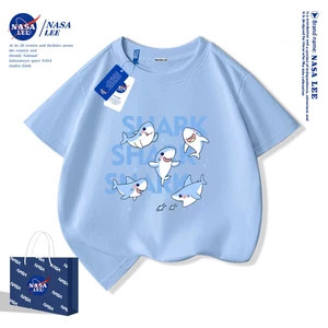 Áo thun ngắn tay NASA 100% cotton cho trẻ em, in hình cá mập, thoáng mát và thoải mái, phù hợp cho bé trai bé gái.