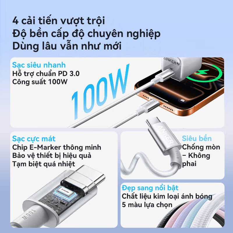 Anker Bộ sạc siêu nhanh - Cổng Type-C, dài 1m/1.8m, hỗ trợ sạc nhanh PD, Cho iPhone 15/16/17 và thiết bị Android/Samsung