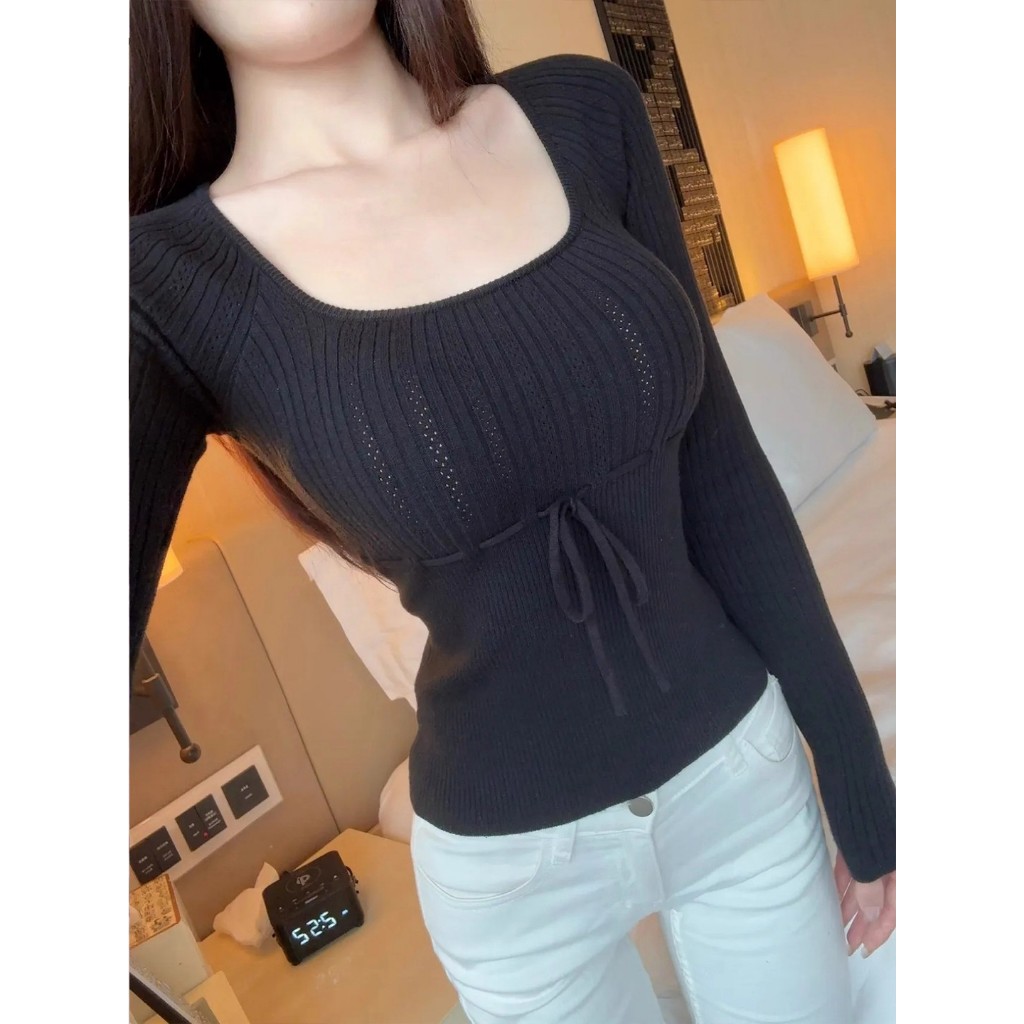 [BANKO] Áo len nữ slim-fit ôm dáng, cổ vuông tay dài màu hồng, phong cách Hàn Quốc thời thượng