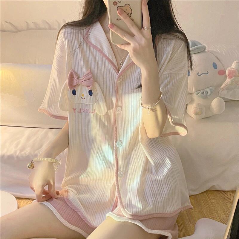 【Cotton 100%】Bộ đồ ngủ mặc nhà tay ngắn quần ngắn chất liệu mỏng mùa hè - Đồ ngủ ngọt ngào phong cách học sinh