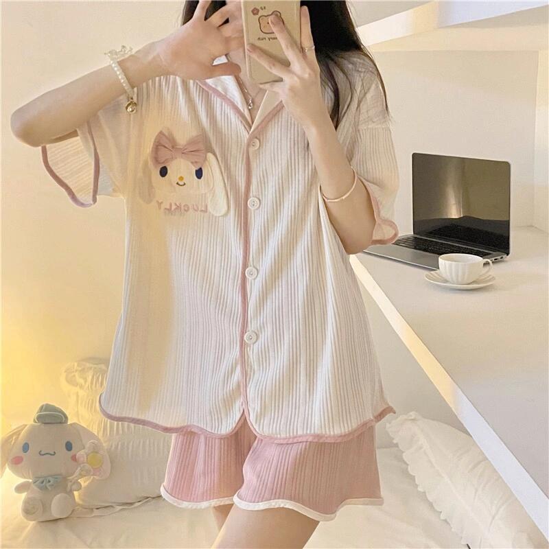 【Cotton 100%】Bộ đồ ngủ mặc nhà tay ngắn quần ngắn chất liệu mỏng mùa hè - Đồ ngủ ngọt ngào phong cách học sinh
