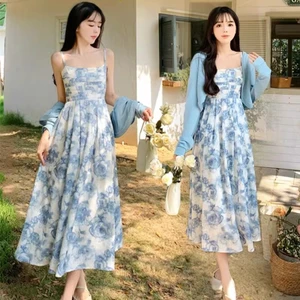 đầm đi biển xanh dương nhí sinh nhật sang chảnh dáng dài đầm bigsize nữ tiểu thư 2 dây dự tiệc suông thiết kế váy maxi biển