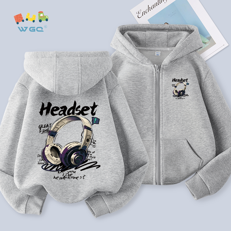 W.G.Q Áo Hoodie bé trai , phong cách mỏng mùa xuân thu , thoải mái thông thường với in tai nghe hợp thời trang