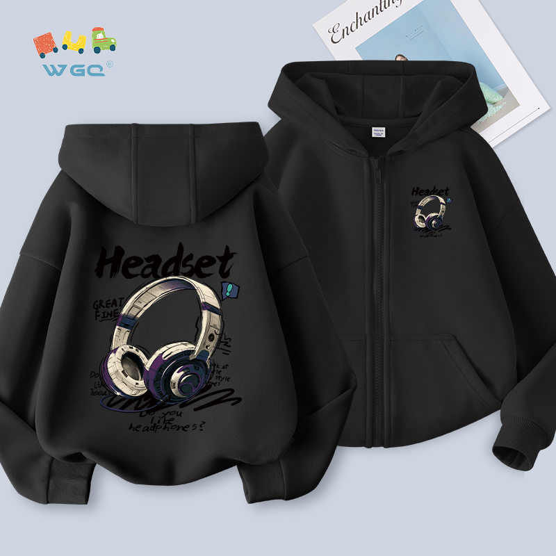 W.G.Q Áo Hoodie bé trai , phong cách mỏng mùa xuân thu , thoải mái thông thường với in tai nghe hợp thời trang