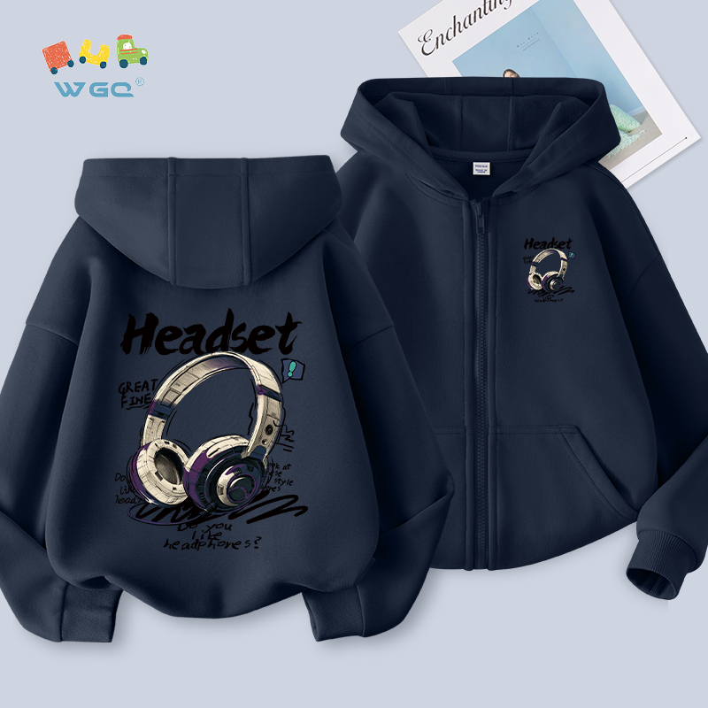 W.G.Q Áo Hoodie bé trai , phong cách mỏng mùa xuân thu , thoải mái thông thường với in tai nghe hợp thời trang