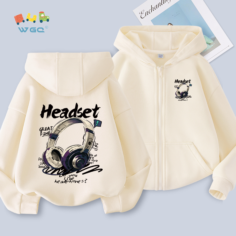 W.G.Q Áo Hoodie bé trai , phong cách mỏng mùa xuân thu , thoải mái thông thường với in tai nghe hợp thời trang