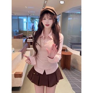 【BANKO】Áo sơ mi kẻ sọc màu hồng phong cách Hàn Quốc