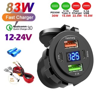 Ổ cắm sạc ô tô 83W Dual Type-C & Dual USB 4 cổng Ổ cắm sạc nhanh chống nước với Vôn kế 12V / 24V cho ô tô Thuyền xe máy