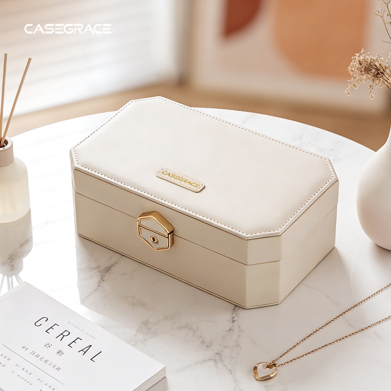 Hộp đựng trang sức CASEGRACE Hộp đựng trang sức nhung màu be 2 lớp có khóa và chìa khóa lưu trữ du lịch cho bông tai Nhẫn Vòng cổ & Phụ kiện Hộp quà tặng