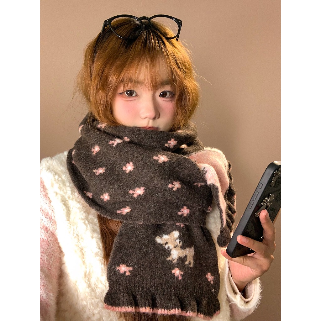Khăn len jacquard dệt kim họa tiết hoạt hình dễ thương cho thu đông, preppy và thời trang | BigBuy360 - bigbuy360.vn