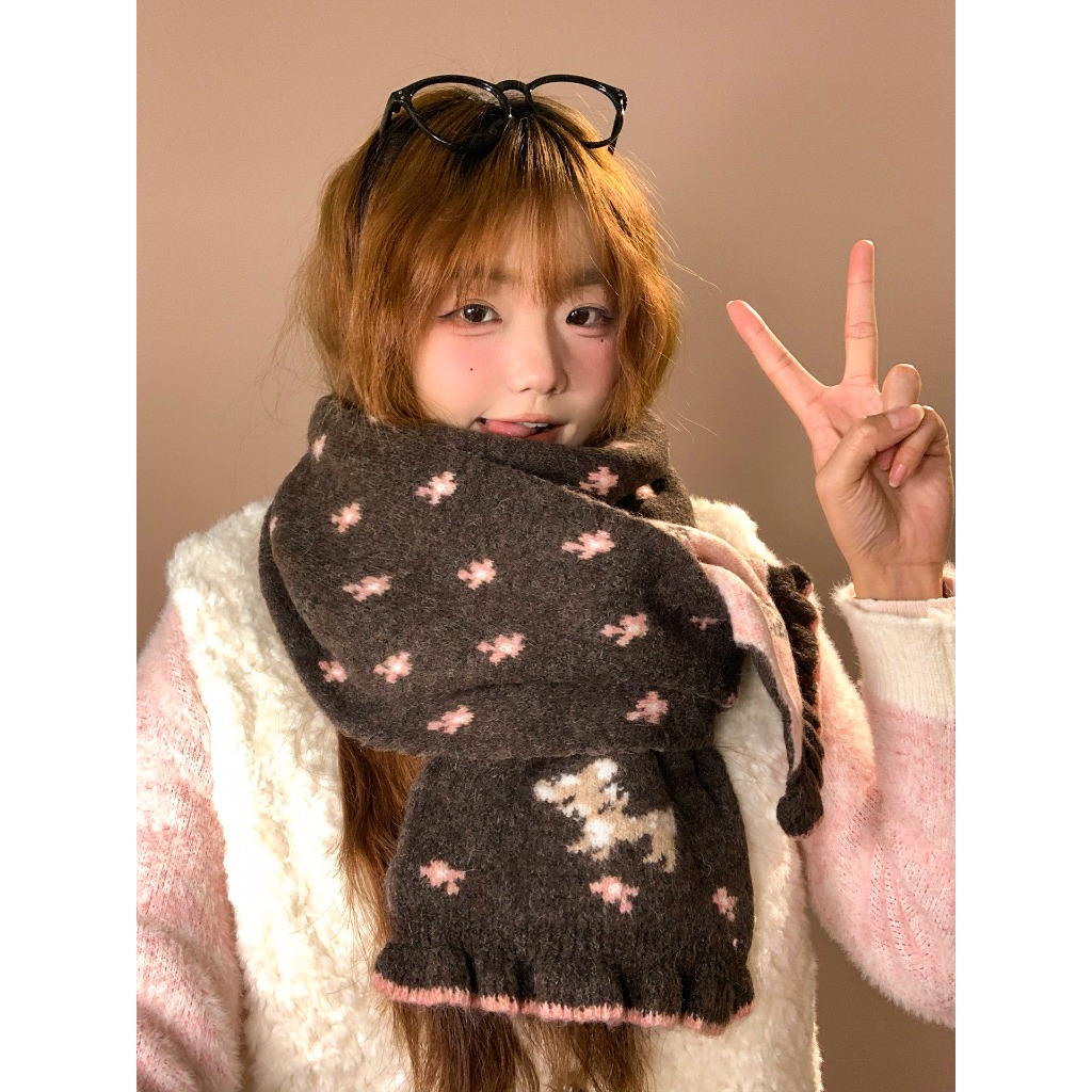 Khăn len jacquard dệt kim họa tiết hoạt hình dễ thương cho thu đông, preppy và thời trang | BigBuy360 - bigbuy360.vn