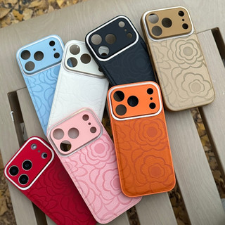 Ống kính kim loại mạ sang trọng Vỏ điện thoại hoa trà bằng da cam cho iPhone 17Promax 16Promax 12 13 14 15 pro max Vỏ chống sốc chống vân tay Vỏ nữ tính