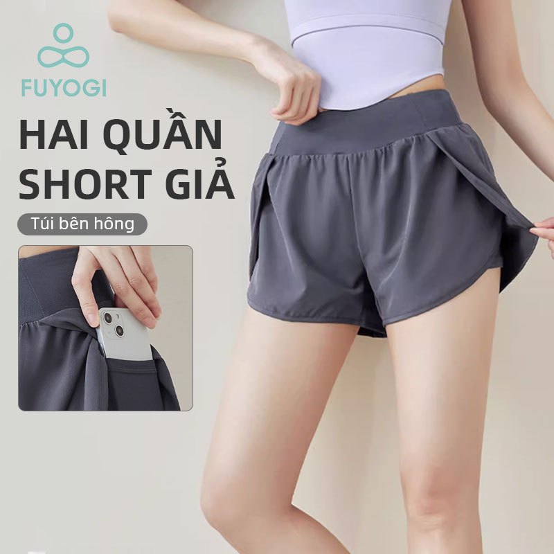 FUYOGI quần Short Thể Thao Nữ Giả Hai Miếng Độ Đàn Hồi Nhanh Khô Túi Bên Pilates Yoga quần chạy bộ