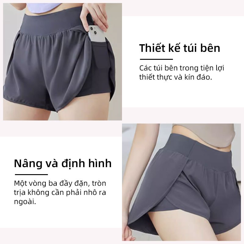 FUYOGI quần Short Thể Thao Nữ Giả Hai Miếng Độ Đàn Hồi Nhanh Khô Túi Bên Pilates Yoga quần chạy bộ