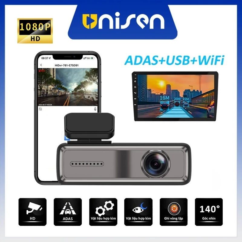 Unisen ADAS WiFi Car Dash Cam 1080P Full HD Ghi vòng lặp tự động Giám sát đỗ xe 24 giờ Bảo hành 12 tháng — ảnh 1