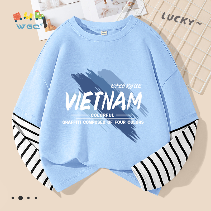 W.G.Q Áo thun dài tay bé trai , thiết kế tay khâu in chữ Việt Nam , thời trang phù hợp