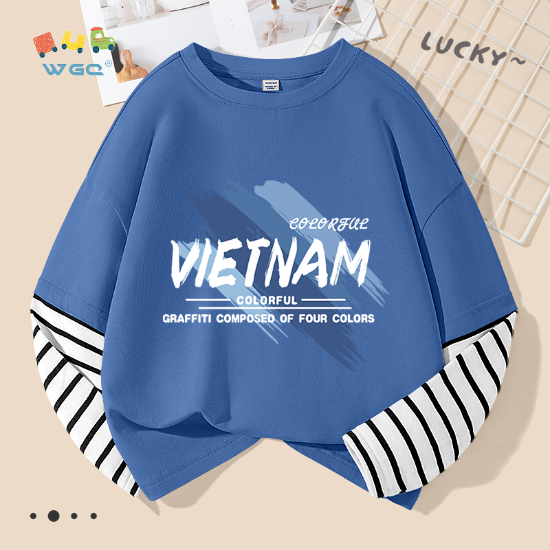 W.G.Q Áo thun dài tay bé trai , thiết kế tay khâu in chữ Việt Nam , thời trang phù hợp