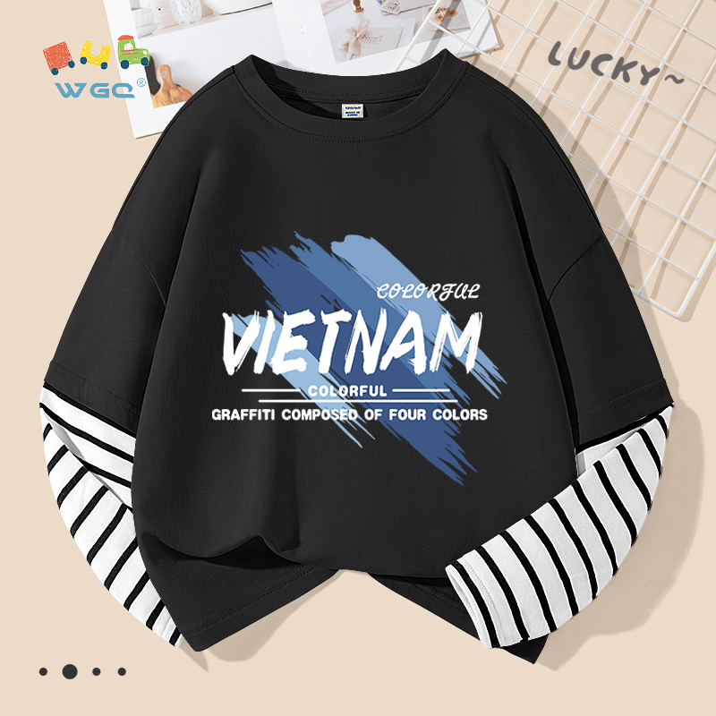 W.G.Q Áo thun dài tay bé trai , thiết kế tay khâu in chữ Việt Nam , thời trang phù hợp