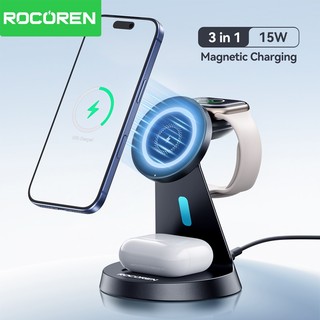 Rocoren Bộ sạc không dây từ tính 3 trong 1 Giá đỡ máy tính để bàn Trạm sạc nhanh 15W cho iPhone 17 16 Pro Max Air iWatch