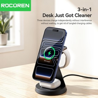 Rocoren Bộ sạc không dây từ tính 3 trong 1 Giá đỡ máy tính để bàn Trạm sạc nhanh 15W cho iPhone 17 16 Pro Max Air iWatch