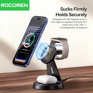 Rocoren Bộ sạc không dây từ tính 3 trong 1 Giá đỡ máy tính để bàn Trạm sạc nhanh 15W cho iPhone 17 16 Pro Max Air iWatch