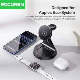 Rocoren Bộ sạc không dây từ tính 3 trong 1 Giá đỡ máy tính để bàn Trạm sạc nhanh 15W cho iPhone 17 16 Pro Max Air iWatch