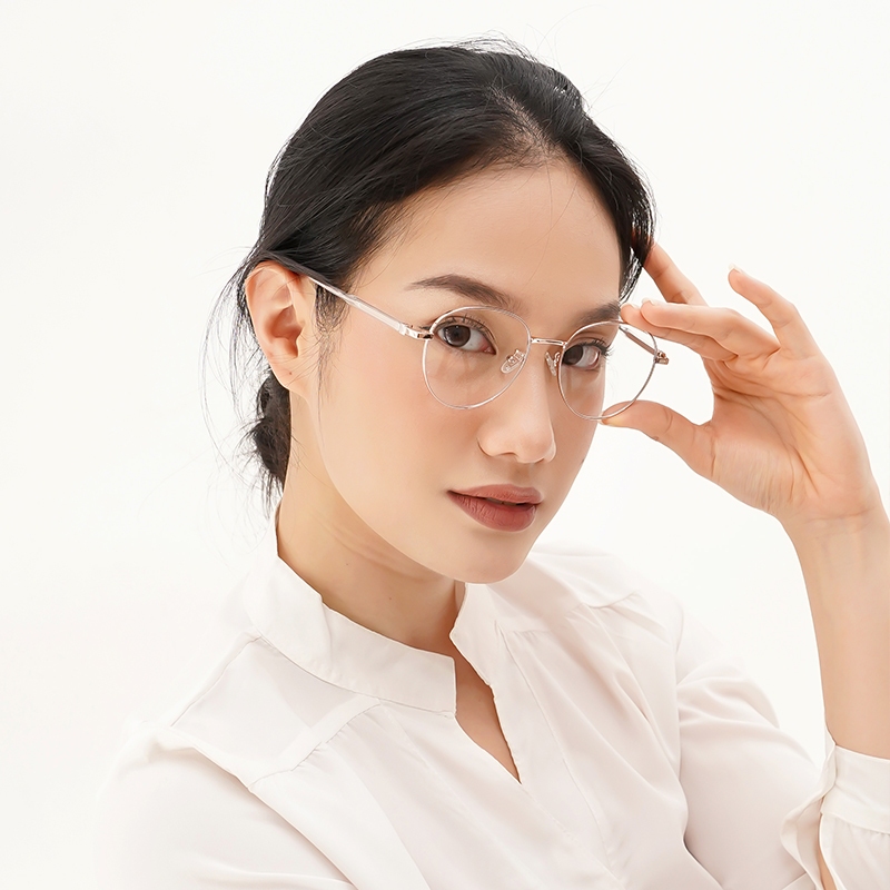 Gọng Kiếng Cận Nữ VIENDO Mắt Kính Gọng Tròn Kim Loại Chống Ánh Sáng Xanh Chống Bức Xạ Có Độ 0-6.00 Độ Có Thể Cắt Cận Thị Ống Kính
