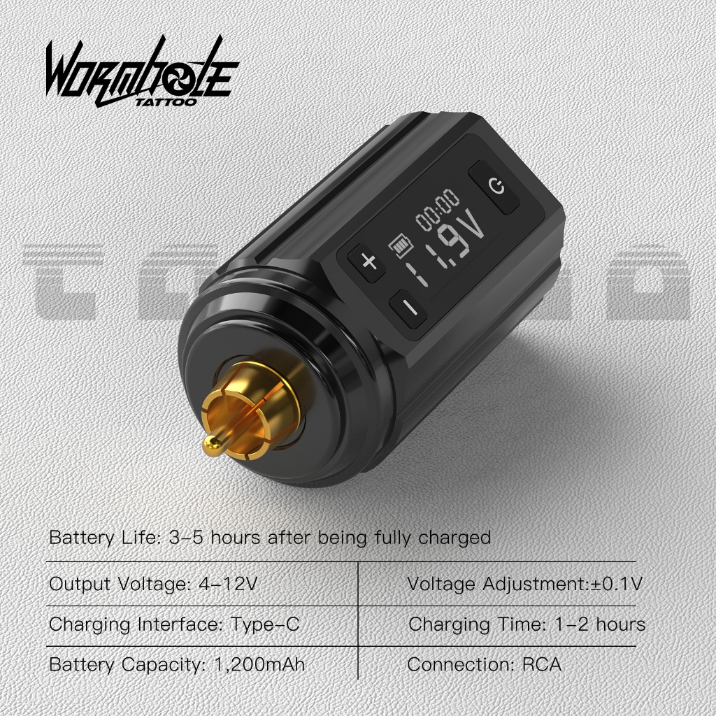 Pin bút xăm có thể sạc lại Wormhole 1200mAh cung cấp thời lượng pin 3-5 giờ, có thiết kế nhẹ, điện áp có thể điều chỉnh và nhiều chế độ hoạt động.