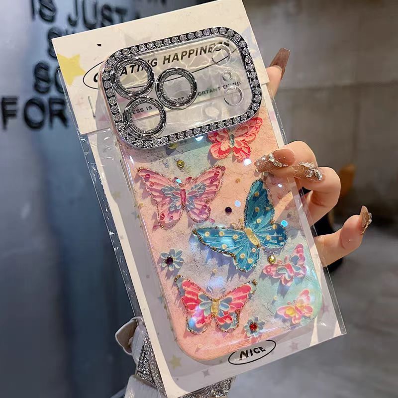 Phim ống kính lấp lánh / Vỏ cứng bướm đầy màu sắc tương thích cho iPhone 13 14 pro max 15 pro max 16 pro max 17 Pro max